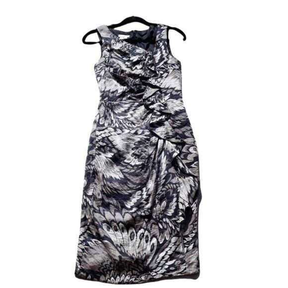 90's London Times Formal Bodycon Ruched Ruffled Wing Feather Print Brown Sz 4 - Picture 11 of 11